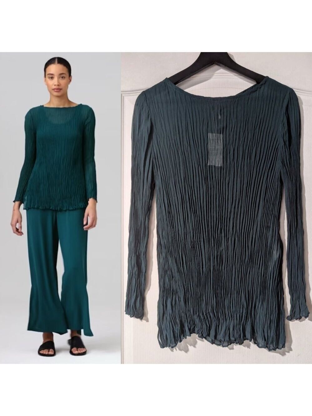 Eileen Fisher | Crinkled Sheer Silk Georgette Bateau Neck Long Top Aegean Green